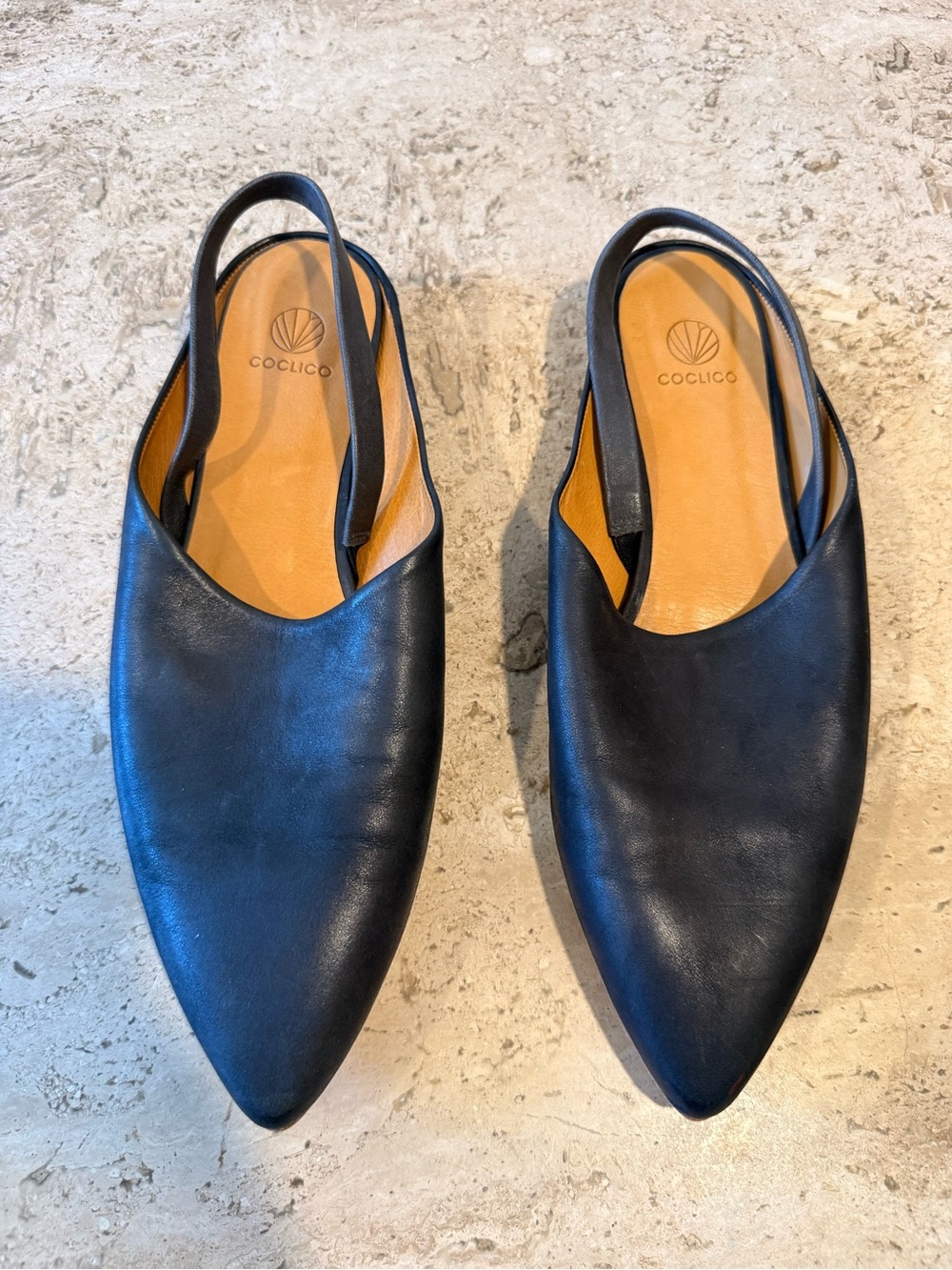 COCLICO Black Leather Pointed Slingback Flats